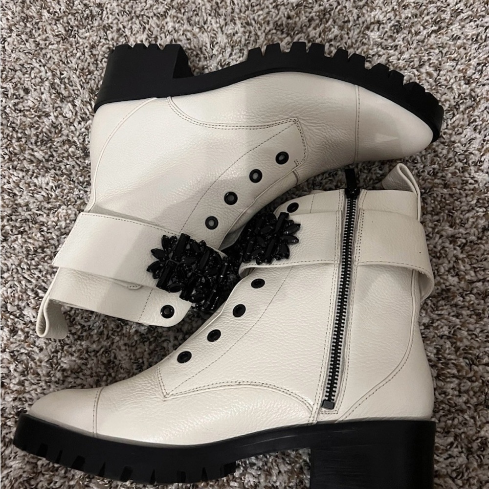 Karl Lagerfeld Ivory Combat Boots with Black Details